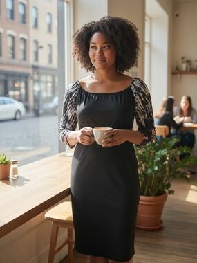 NWT Black Midi Sheath Dress with Printed Three-Quarter Sleeves 1X 14/16